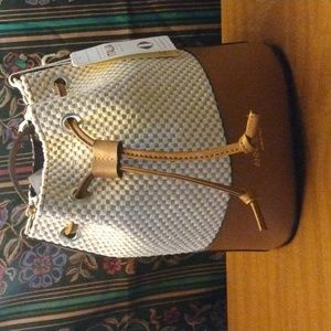 Ana Paola Italian Leather Rafia Bucket Drawstring Purse in Cuoio + Nocc